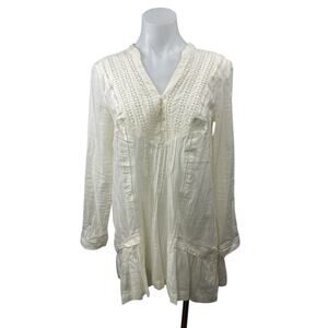 Free People Women's White Lace Pleated Long Sleeve Mini Tunic Shift Dress Sz XS